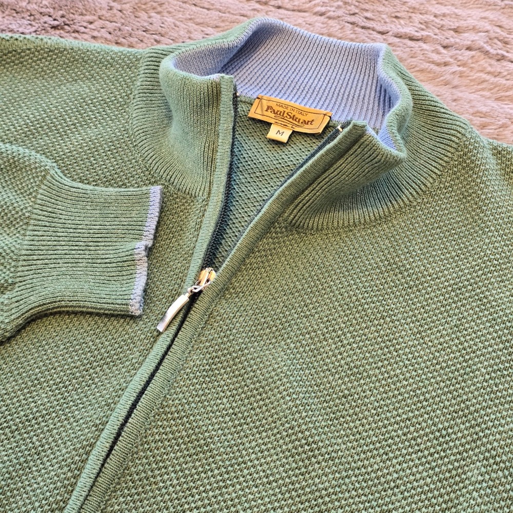 Paul Stuart Mens M Green Cotton Waffle Knit Full‎ Zip Sweater Made in Italy Mock